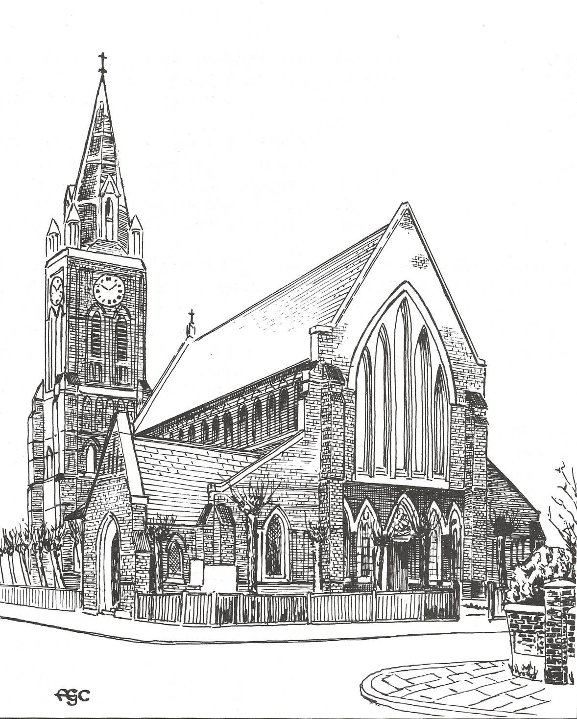 A black and white drawing of a church
Description automatically generated